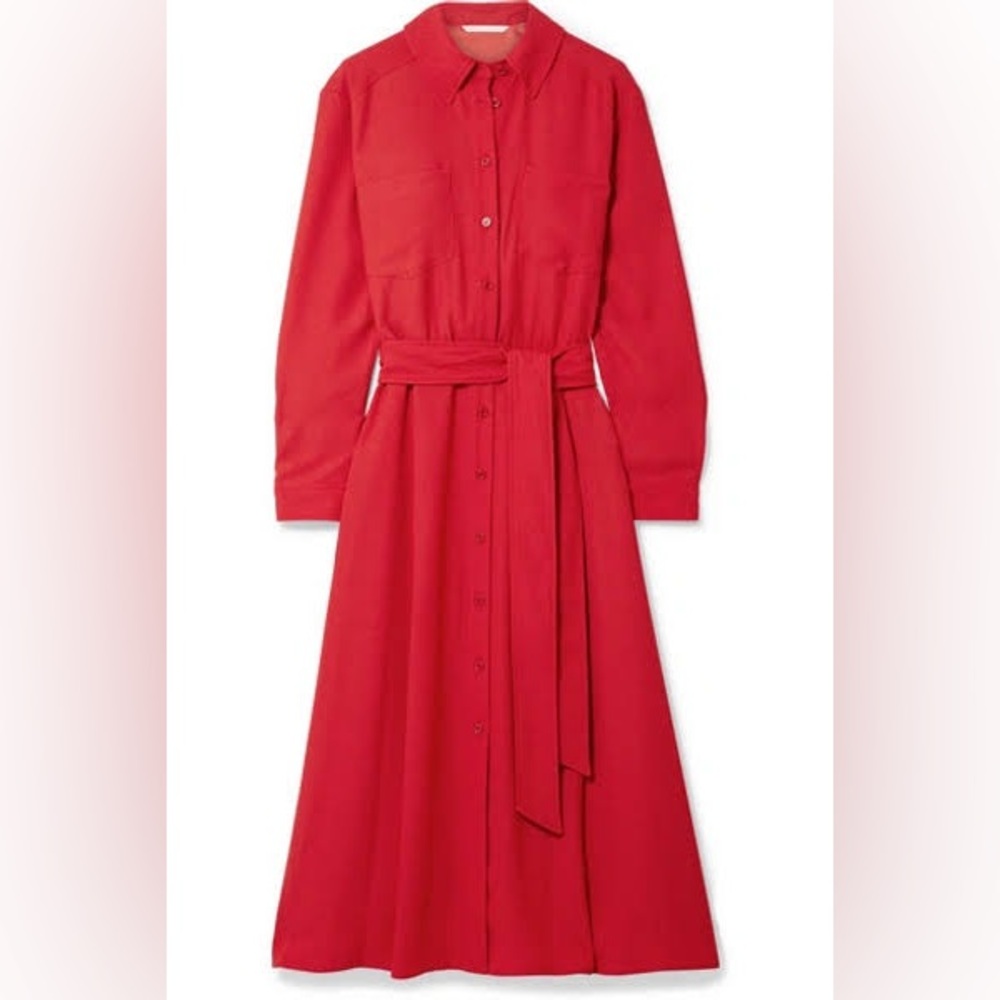 Veronica Beard Red Long-Sleeve Shirt Dress w/Waist Tie seen on Meghan Markle 6